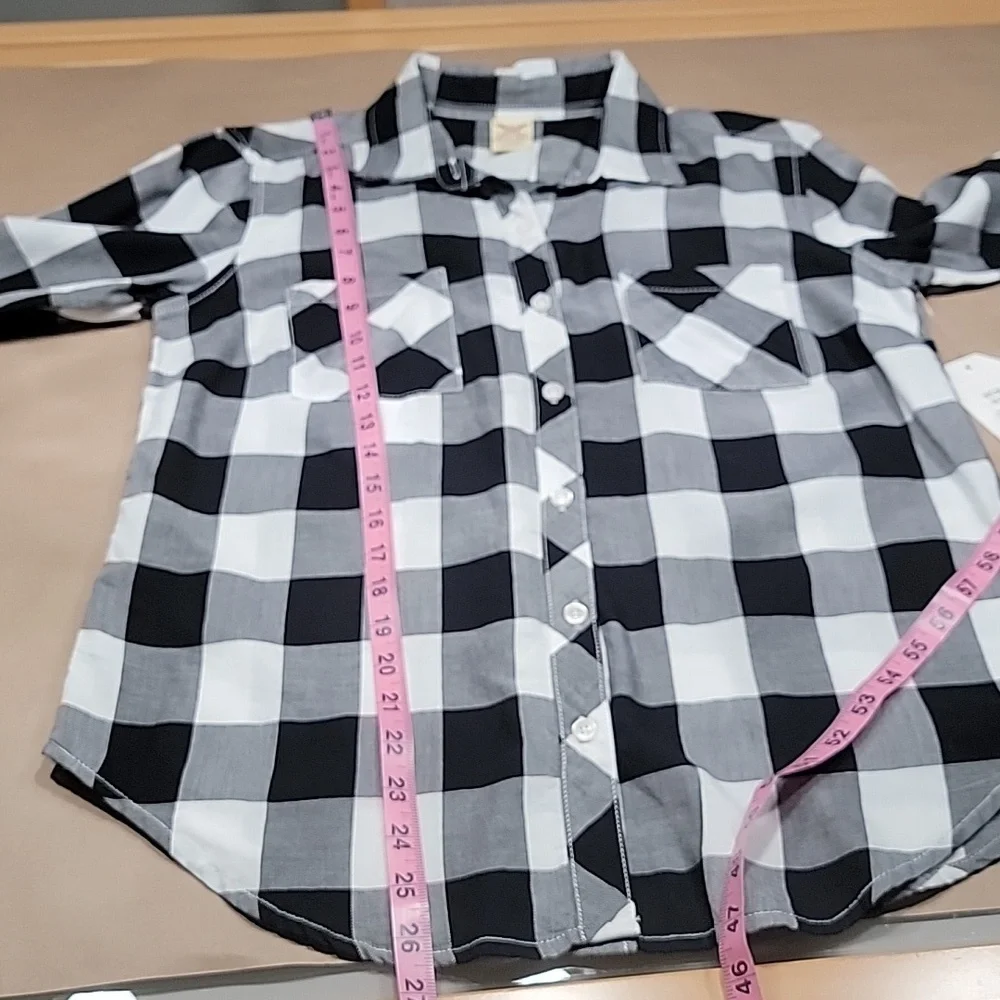 Faded Glory Size S (4-6) Black & White Plaid Long Sleeve Button Down Shirt NEW